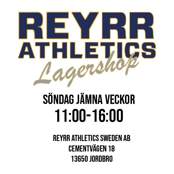 Reyrr Athletics Lagershop grand opening announcement with store hours and address in Jordbro Sweden.
