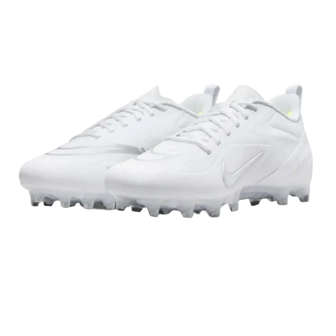 White Nike Alpha Huarache 8 Pro cleats with lightweight Nike React foam and flexible TPU sole designed for comfort and stability on the field.