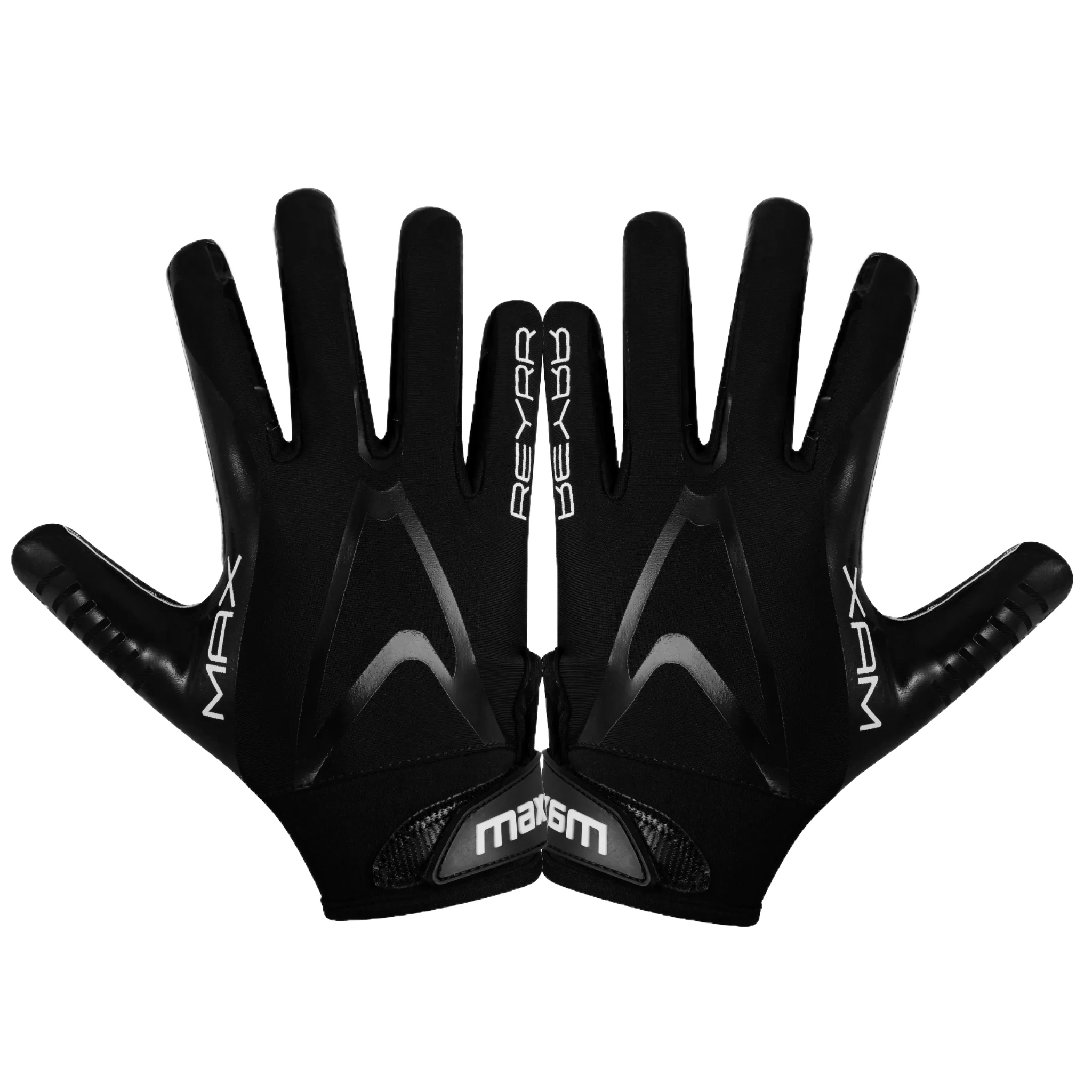 Black IB MAX Floorball goalie practice gloves with silicone grip and leather fingertips, featuring Reyrr MAX branding.