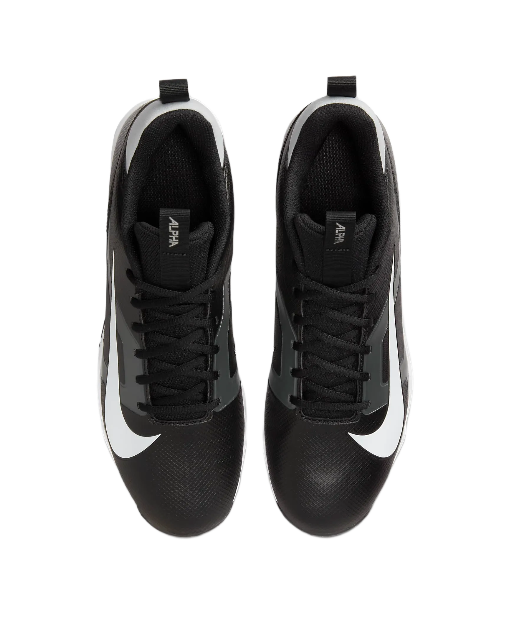Top view of Nike Alpha Menace 4 Shark black athletic shoes with white swoosh logo and secure lace system.