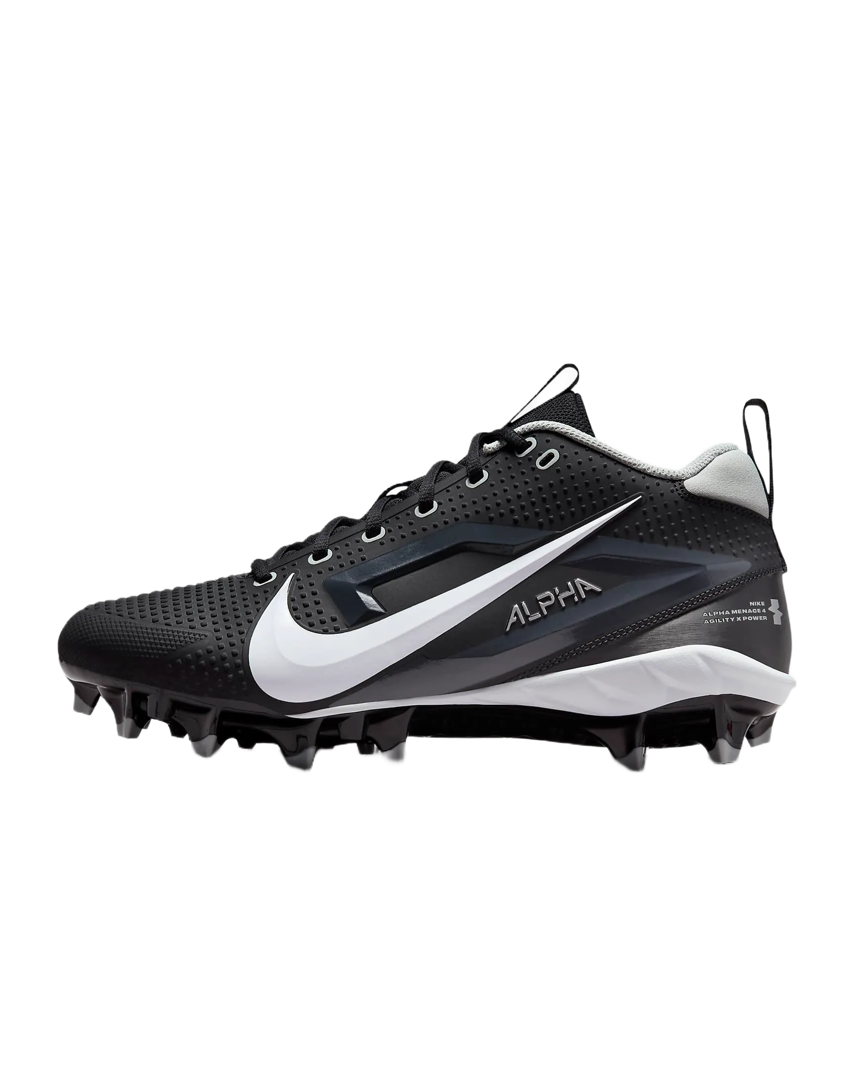 Black and white Nike Alpha Menace Varsity 4 cleats with large white swoosh and molded cleats for football.