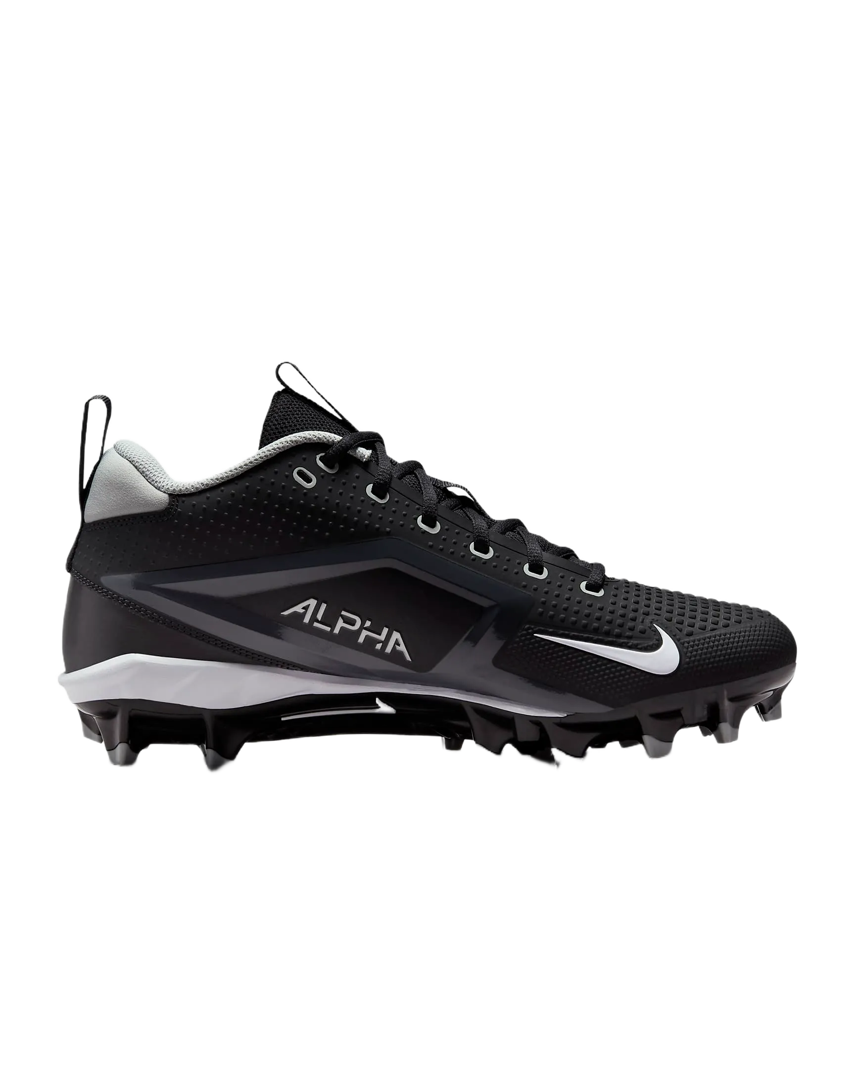 Nike Alpha Menace Varsity 4 svart fotballsko med Nike swoosh og ALPHA-logo, designet for smidighet og støtdemping.