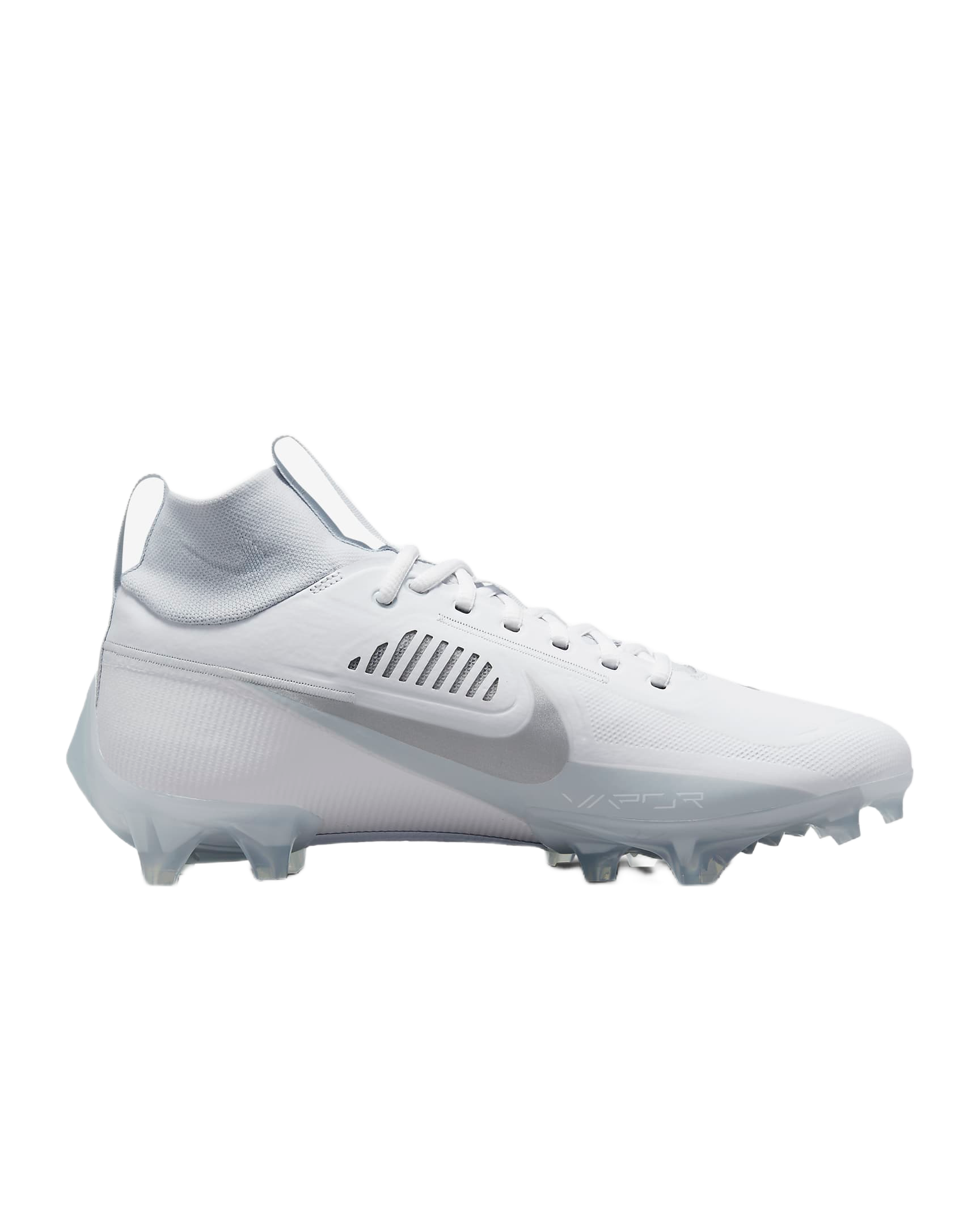 Nike Vapor Edge Pro 360 2 white football cleat with molded upper and traditional laces for enhanced support and control