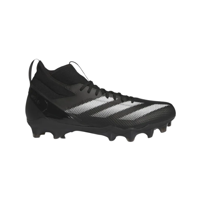 Black Adidas Adizero Impact Mid American football cleats with synthetic upper and cleated outsole, made with recycled materials.