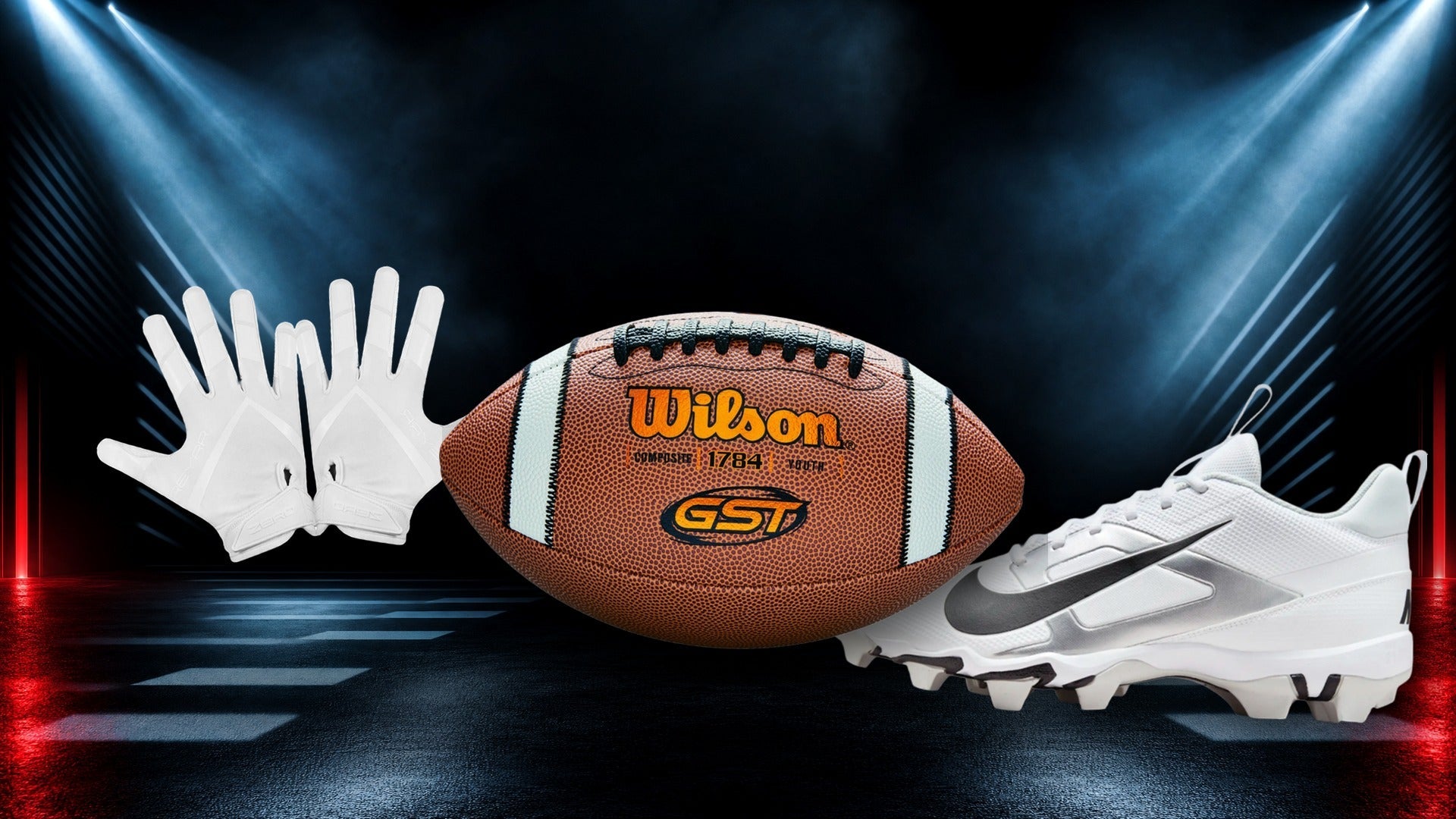 Flag football equipment with a Wilson football, Reyrr ZERO gloves and Nike cleats