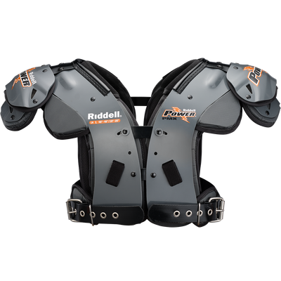 Riddell Power PMX Linemen Skulderbeskyttere med energidempende materialer, svingbart pivotbuefeste og justerbart pivotbeltesystem.