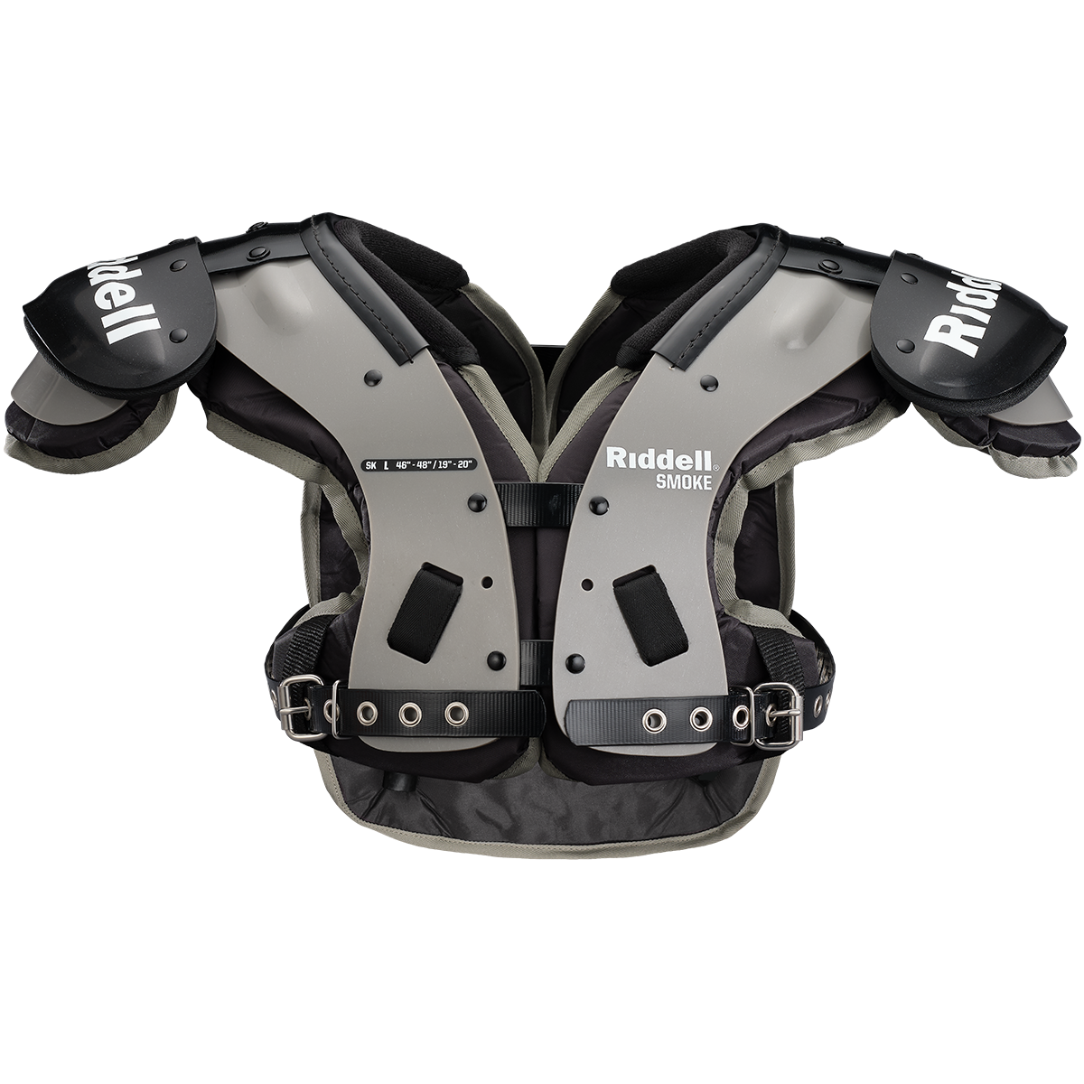 Riddell Smoke SK football shoulder pads with flat pad design, swivel front, swim cut arches, and back plate included.