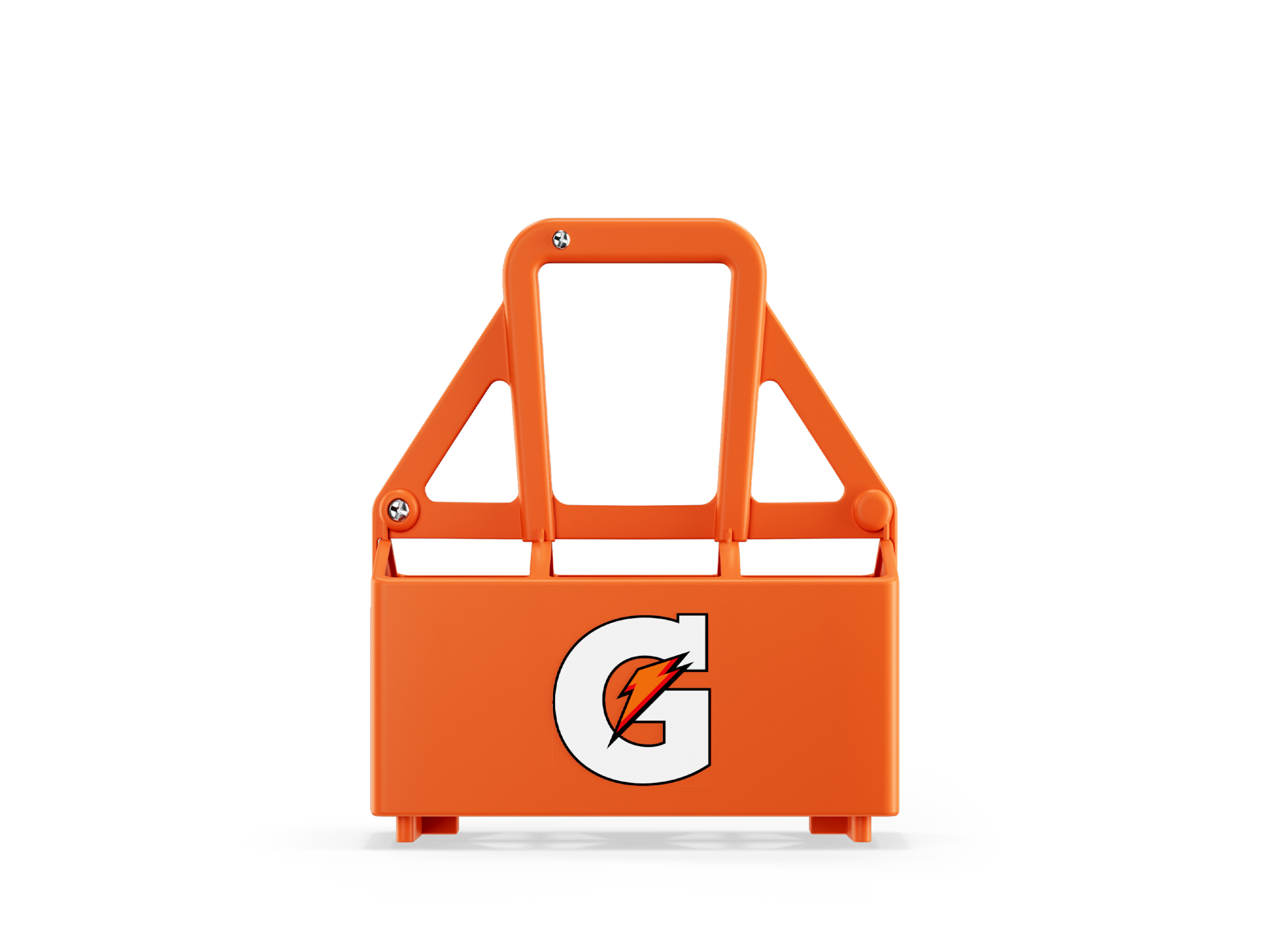 Orange Gatorade 6 bottle carrier with moulded handle, holding six squeeze bottles