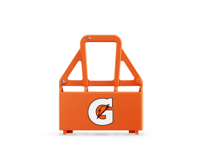 Orange Gatorade 6 bottle carrier with moulded handle, holding six squeeze bottles