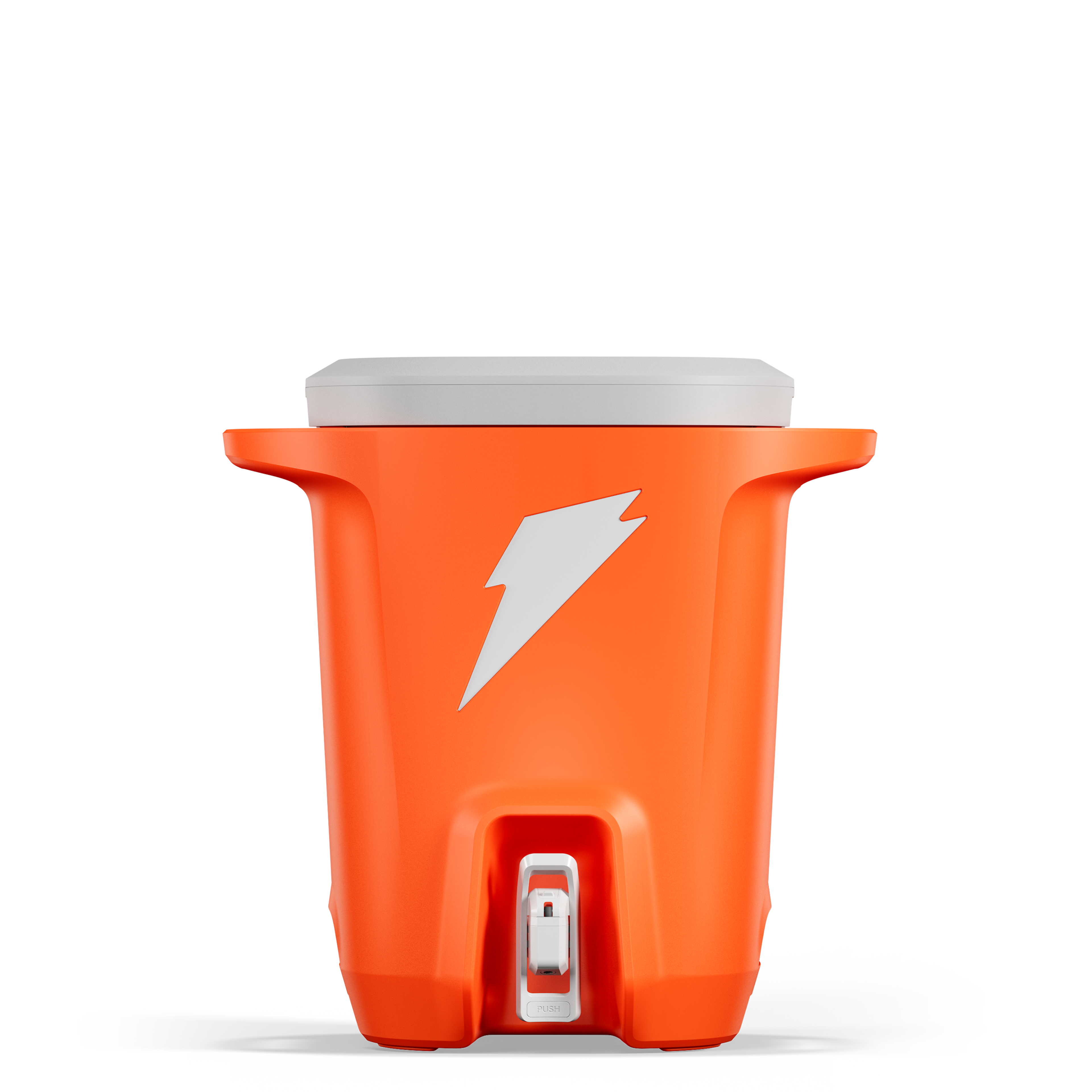 Gatorade Dunk hydration cooler in orange, front view showing spigot and bolt logo