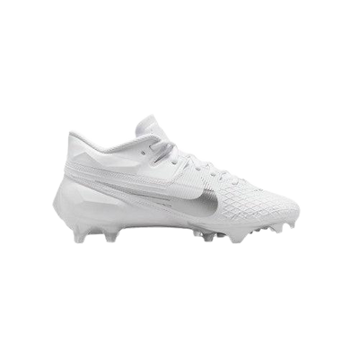 Nike Vapor Edge Elite 360 2 hvit football cleat med støpt overdel, bred knotteplassering og snøring for fleksibel støtte og raske retningsskift.