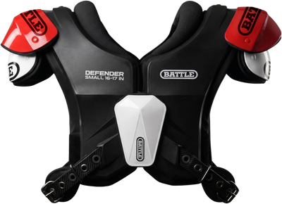 Black Battle Defender shoulder protector with red and white accents, shown from the back on a white background.