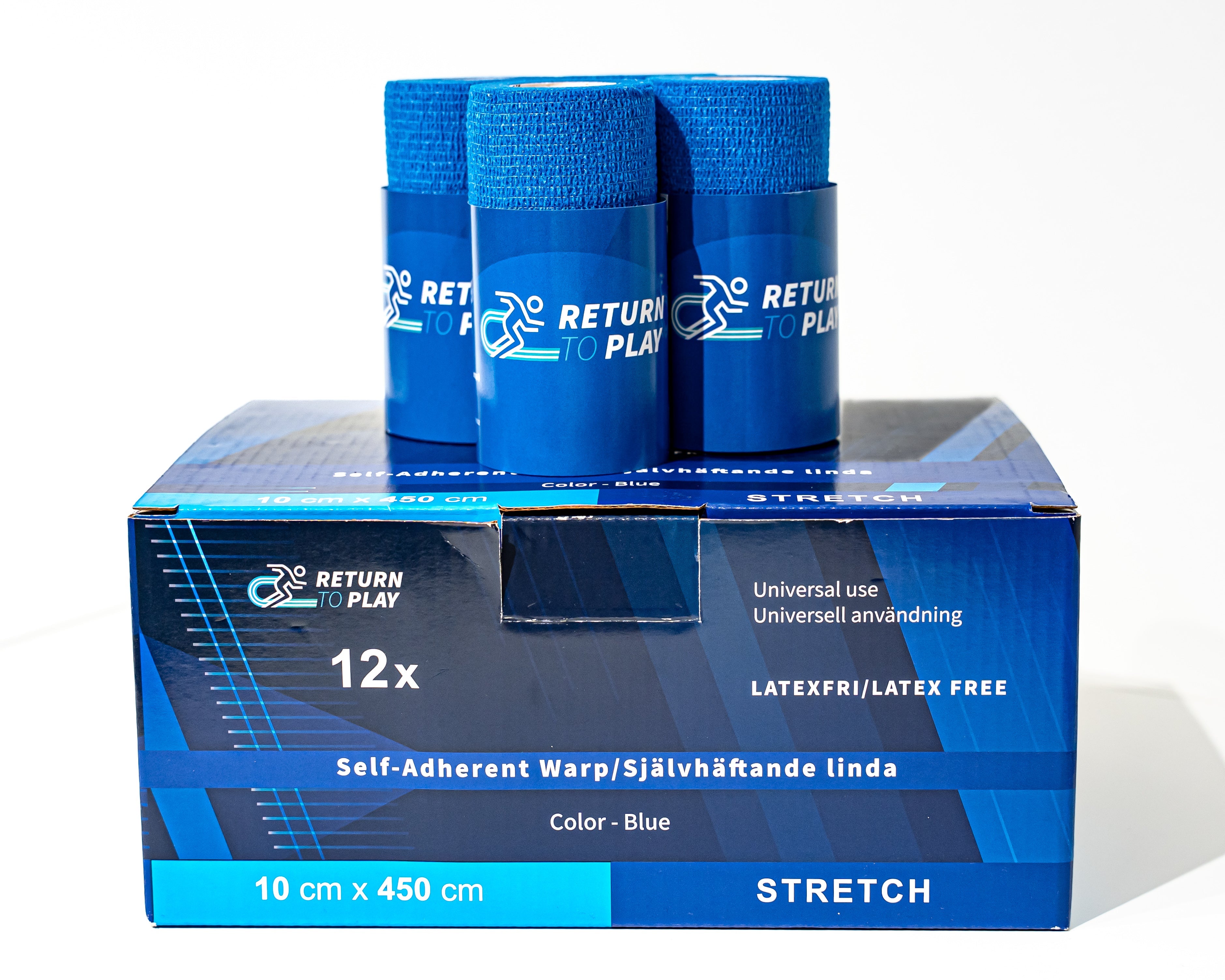Return to Play Selvheftende bind 12‑pakning 10 cm × 4,5 m (Blå)