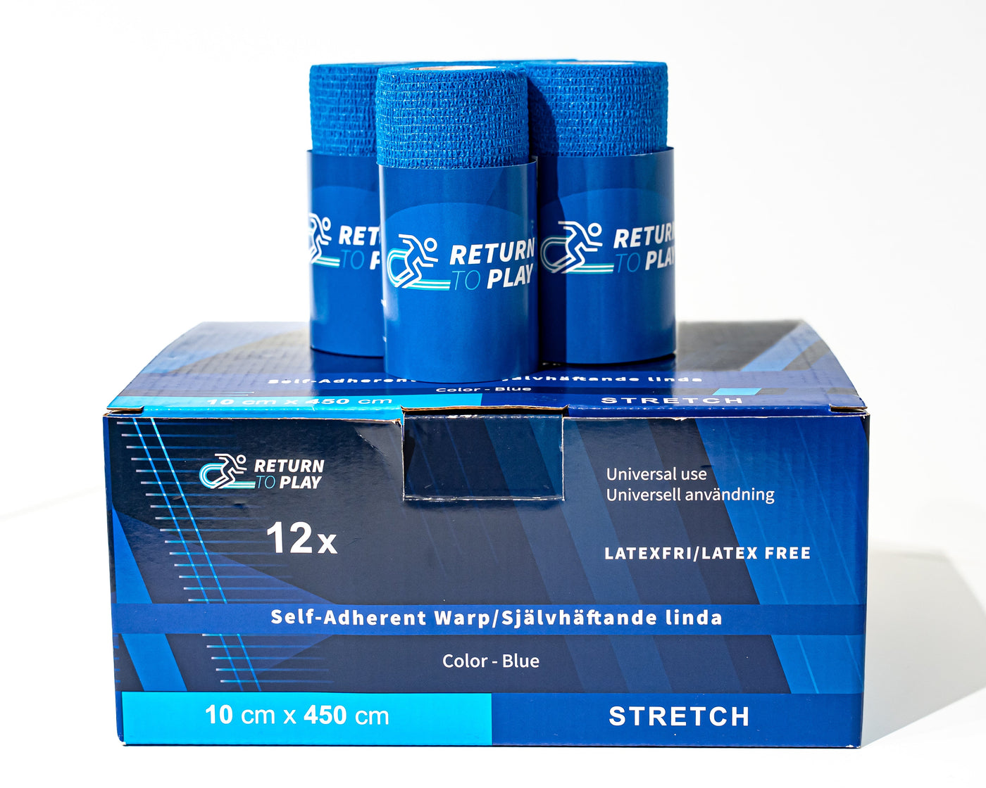 Return to Play Selvheftende bind 12‑pakning 10 cm × 4,5 m (Blå)