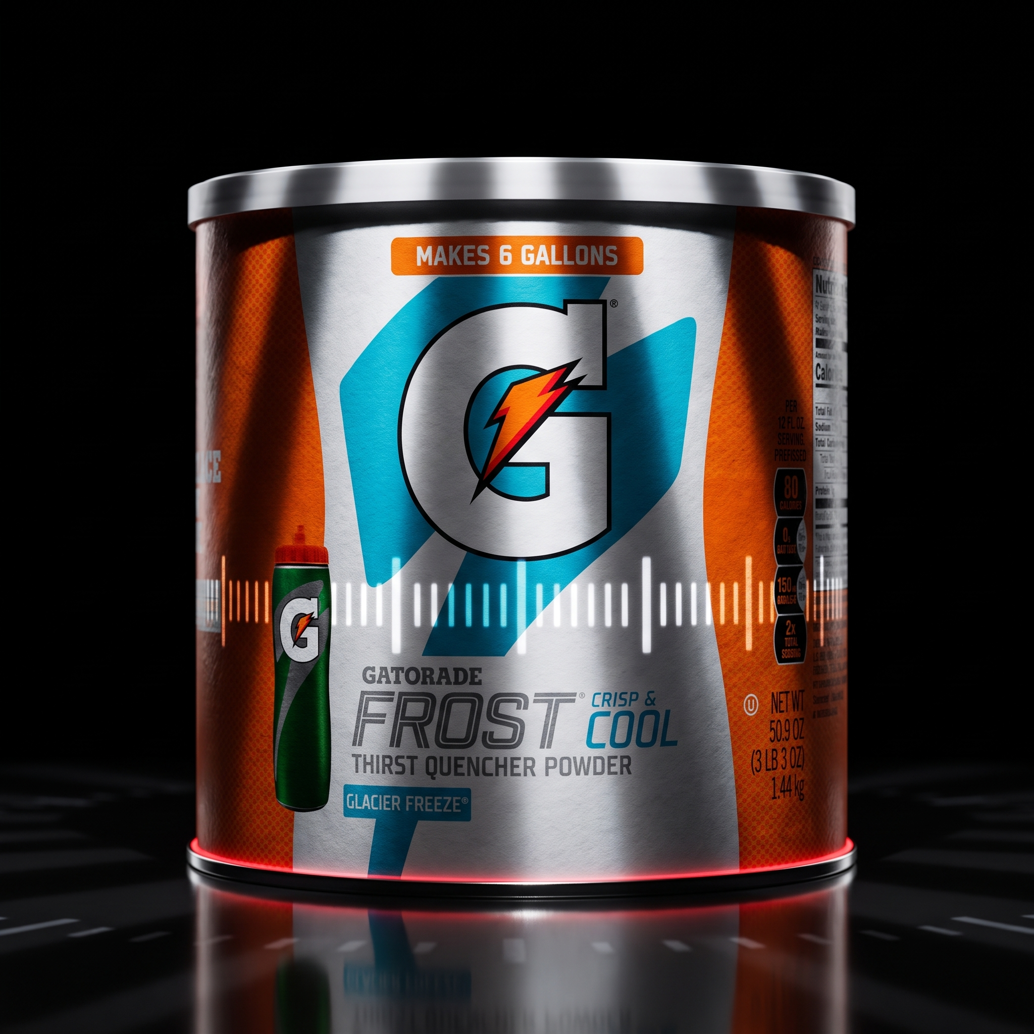A canister of Gatorade Frost Cool Thirst Quencher Powder, made to make 6 gallons, shown on a reflective black surface against a black background.