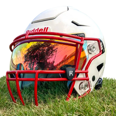 Reyrr VIZU Clear Inferno footballvisir med ultrabredt, forvrengningsfritt rødt glass, kompatibelt med Riddell Speedflex og Schutt F7 Hjelmer, laget av bruddsikkert polykarbonat og med UV-beskyttelse.