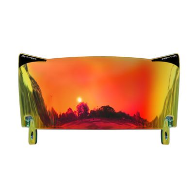 Reyrr VIZU Inferno football-visir med ultrabred, forvrengningsfri rød linse for Riddell Speedflex og Schutt F7 Hjelmer, gir UV-beskyttelse og LuxeXray Optics-teknologi.