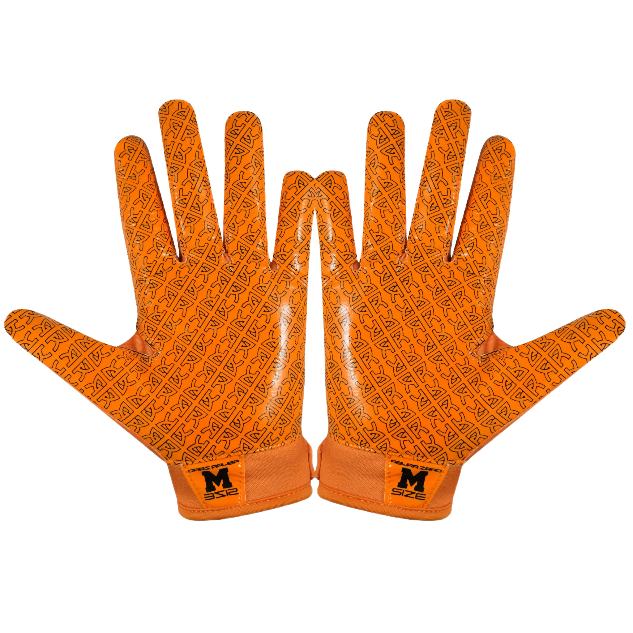 Reyrr ZERO orange football gloves detail showing GripTech palm and adjustable strap.