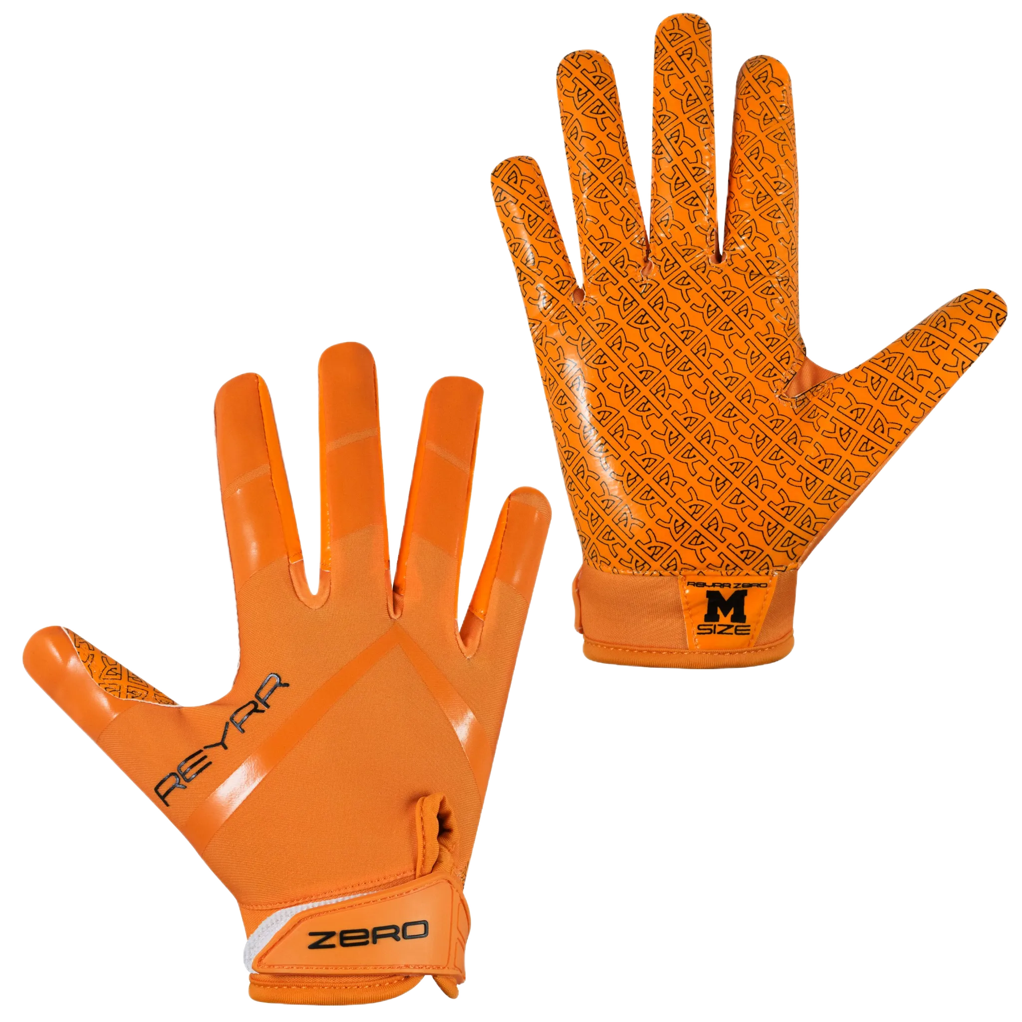 Reyrr ZERO orange football gloves with GripTech for superior ball control.