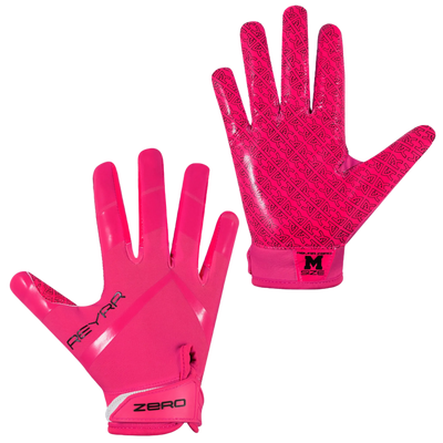 Reyrr ZERO pink football gloves with GripTech palm technology, vibrant design, adjustable strap, and neoprene cuff.