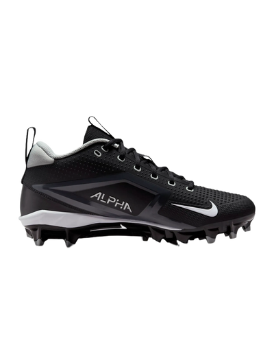 Nike Alpha Menace Varsity 4 svart fotballsko med Nike swoosh og ALPHA-logo, designet for smidighet og støtdemping.