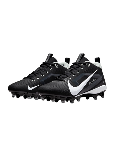 Nike Alpha Menace Varsity 4 svarte fotballsko med hvit swoosh og aggressive knotter for grep.