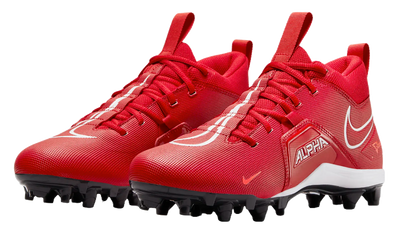 Røde Nike Alpha Menace Varsity 3 football cleats med svarte knotter og hvit Nike swoosh-logo