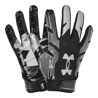 Under Armour F8 black and silver durable breathable floorball gloves with 3D print overlays and adjustable closure
