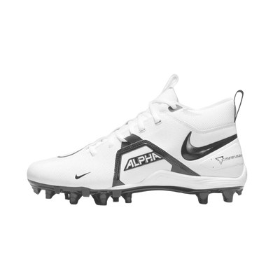 Nike Alpha Menace Varsity 3 hvit football cleat med svarte detaljer og knotter for smidighet og stabilitet