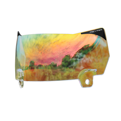 Reyrr VIZU Clear Inferno ultrabredt footballvisir med rødt baseglass for Riddell Speedflex og Schutt F7 Hjelmer, med LuxeXray Optics og UV-beskyttelse.