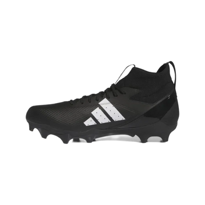 Sort Adidas Adizero Impact Mid amerikansk fotball-sko med hvite striper og syntetisk såle med knotter.