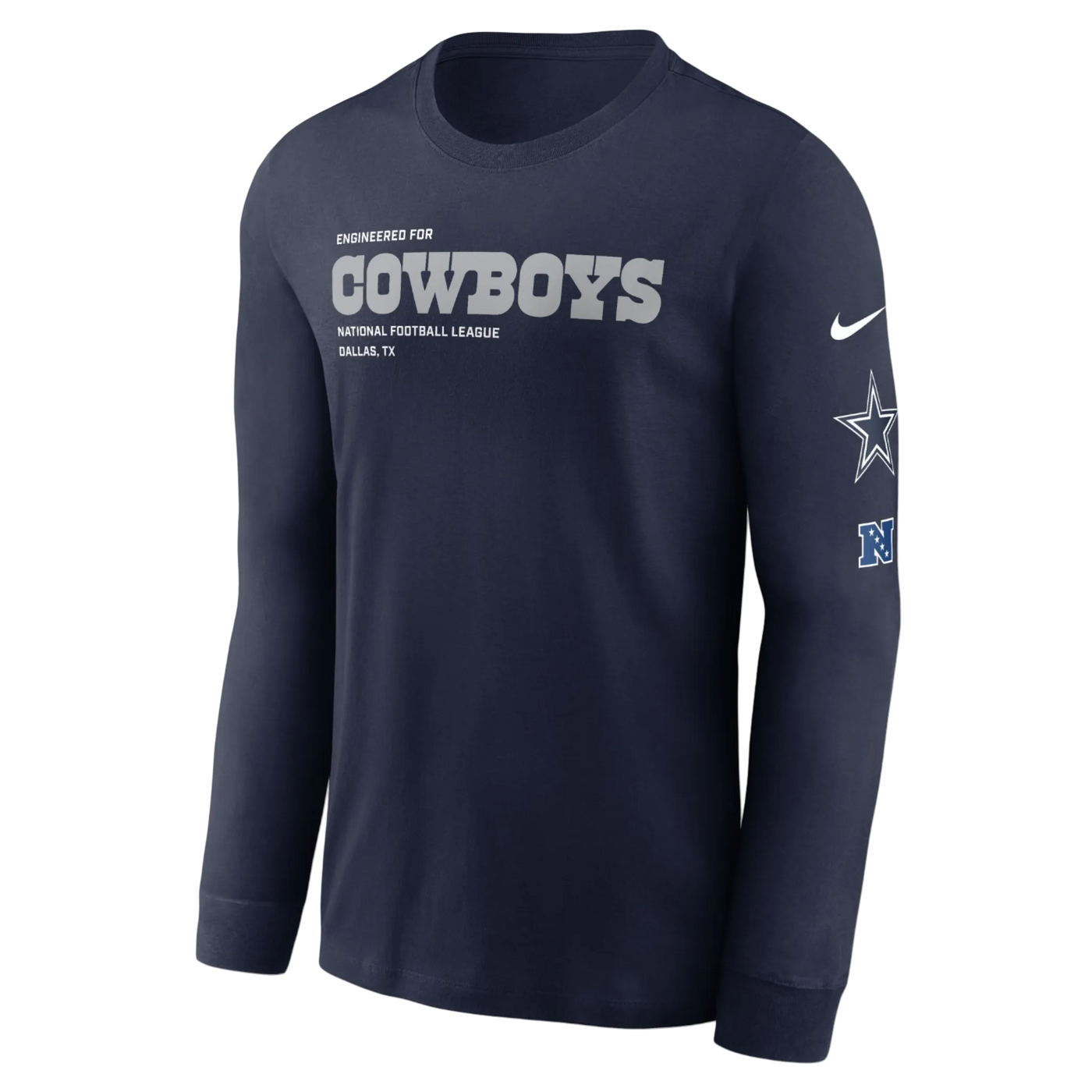 Navy long-sleeve shirt with 'Cowboys' text and Nike logo on a white background