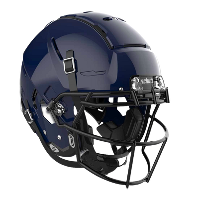 Schutt F7 VTD Collegiate footballhjelm i marineblå med svart ansiktsgitter og avansert beskyttende polstringssystem.