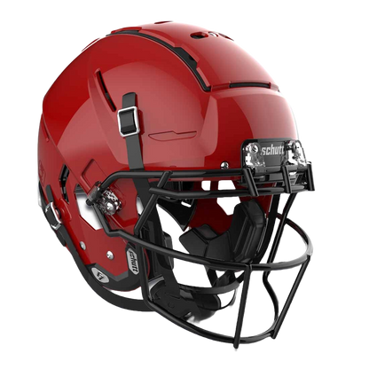 Schutt F7 VTD collegiate football helmet in red with black facemask and advanced protective padding system