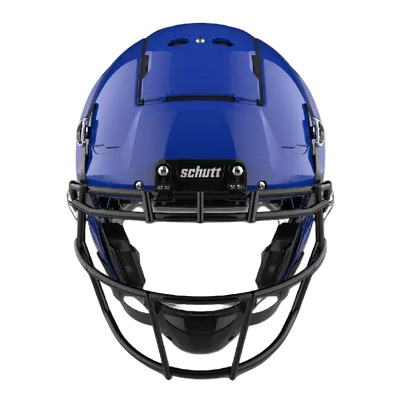 Frontvisning av en blå Schutt F7 VTD footballhjelm med svart ansiktsgitter og hakebeskytter