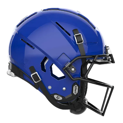 Blue Schutt F7 VTD football helmet with black facemask and adjustable chin strap featuring advanced padding and rotational energy protection system
