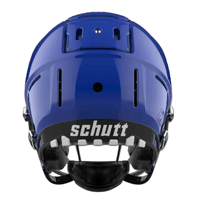 Schutt F7 VTD collegiate footballhjelm i blå med avansert beskyttende polstring og justerbare passformfunksjoner.