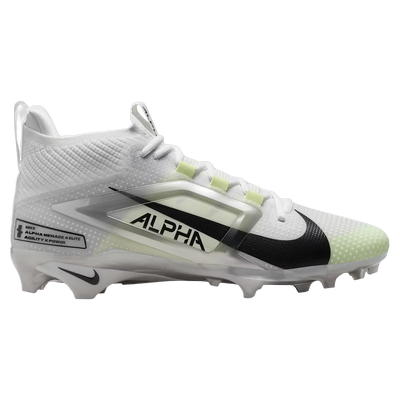 Nike Alpha Menace 4 Elite in White/Photon Dust, side view with black swoosh and volt lace loops