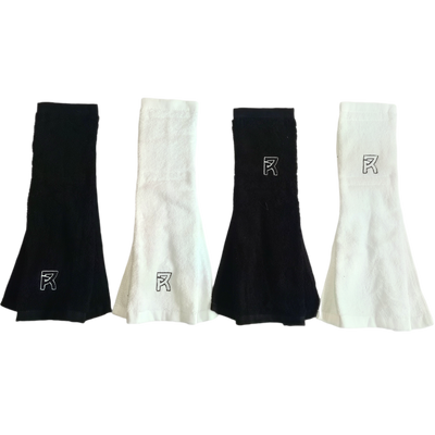Reyrr Gameday Towel set with black and white 100% cotton towels featuring velcro straps and embroidered logo.