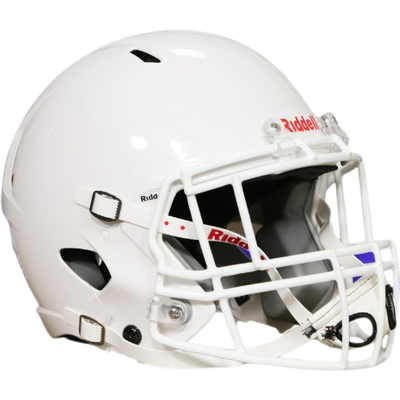 White Riddell Victor-I youth football helmet with Impact lateral protection and inflatable jaw pads for custom fit.